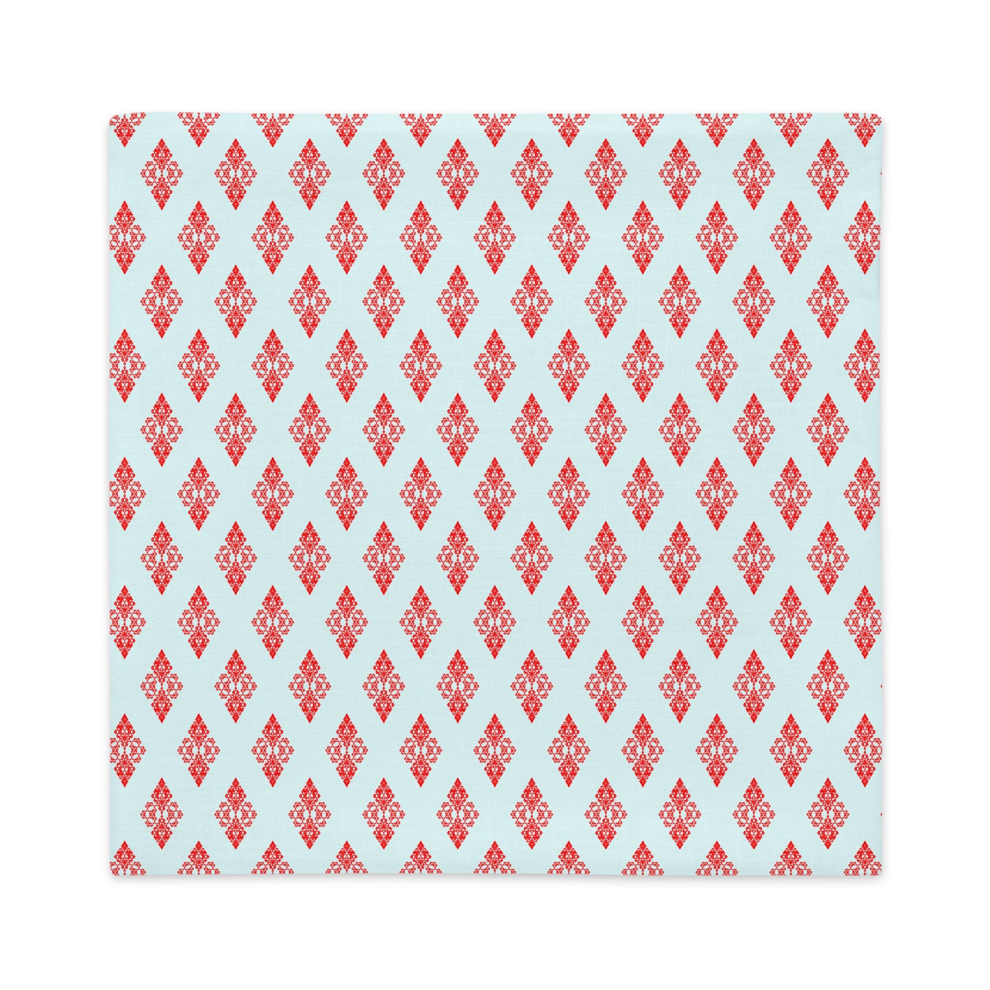 Front of the 22″×22″ premium throw pillow cover with the 'Digon' sky blue and red geometric pattern.