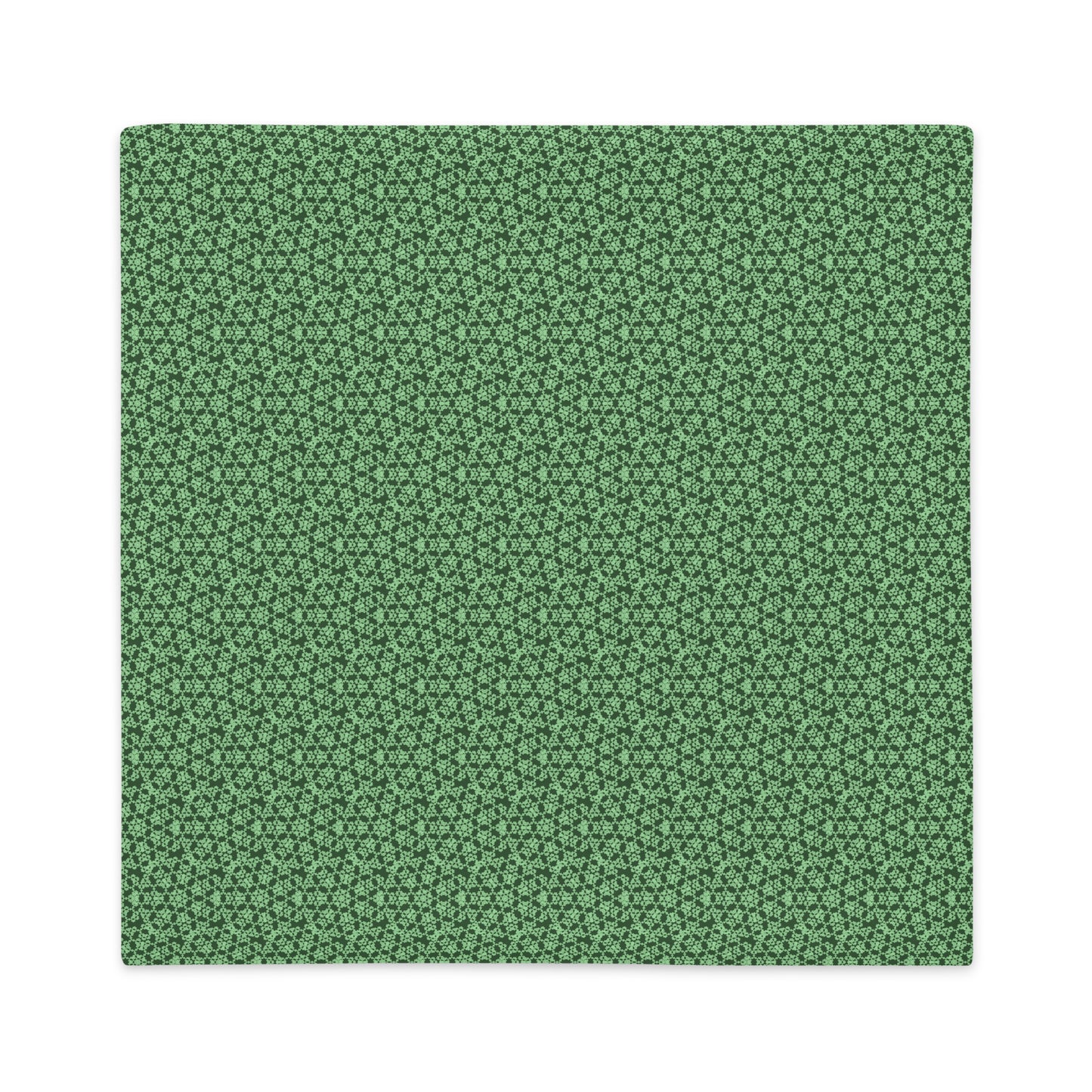 Front of the 22″×22″ premium throw pillow cover with the 'Heptagon' green geometric pattern.