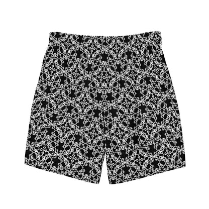 Back of the swim trunks with the 'Tetragon' black and white fractal geometric pattern.