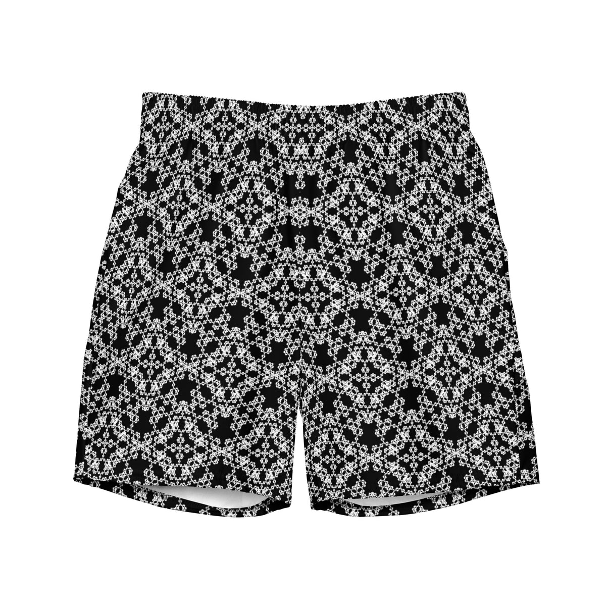 Front of the swim trunks with the 'Tetragon' black and white fractal geometric pattern.