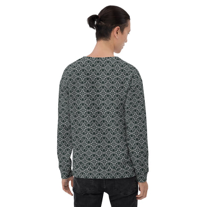 Back shot of a model wearing the unisex sweatshirt with the 'Quadragon' charcoal and white fractal geometric pattern.