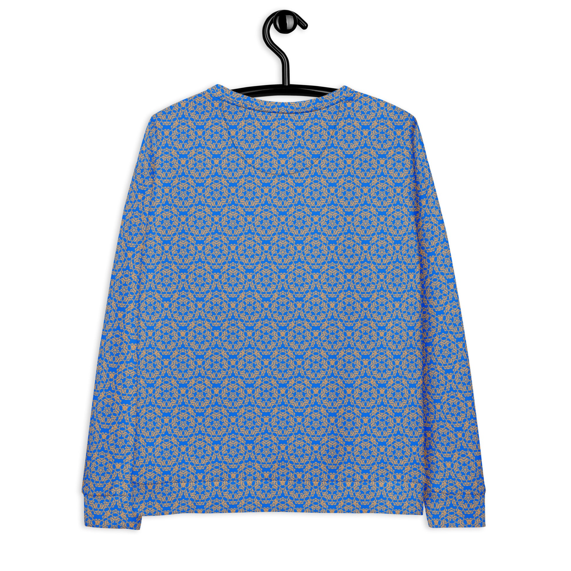 Back of the hung unisex sweatshirt with the 'Pentagon' blue and yellow fractal geometric pattern.