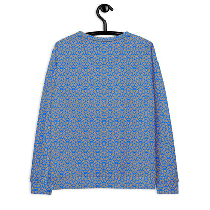 Back of the hung unisex sweatshirt with the 'Pentagon' blue and yellow fractal geometric pattern.