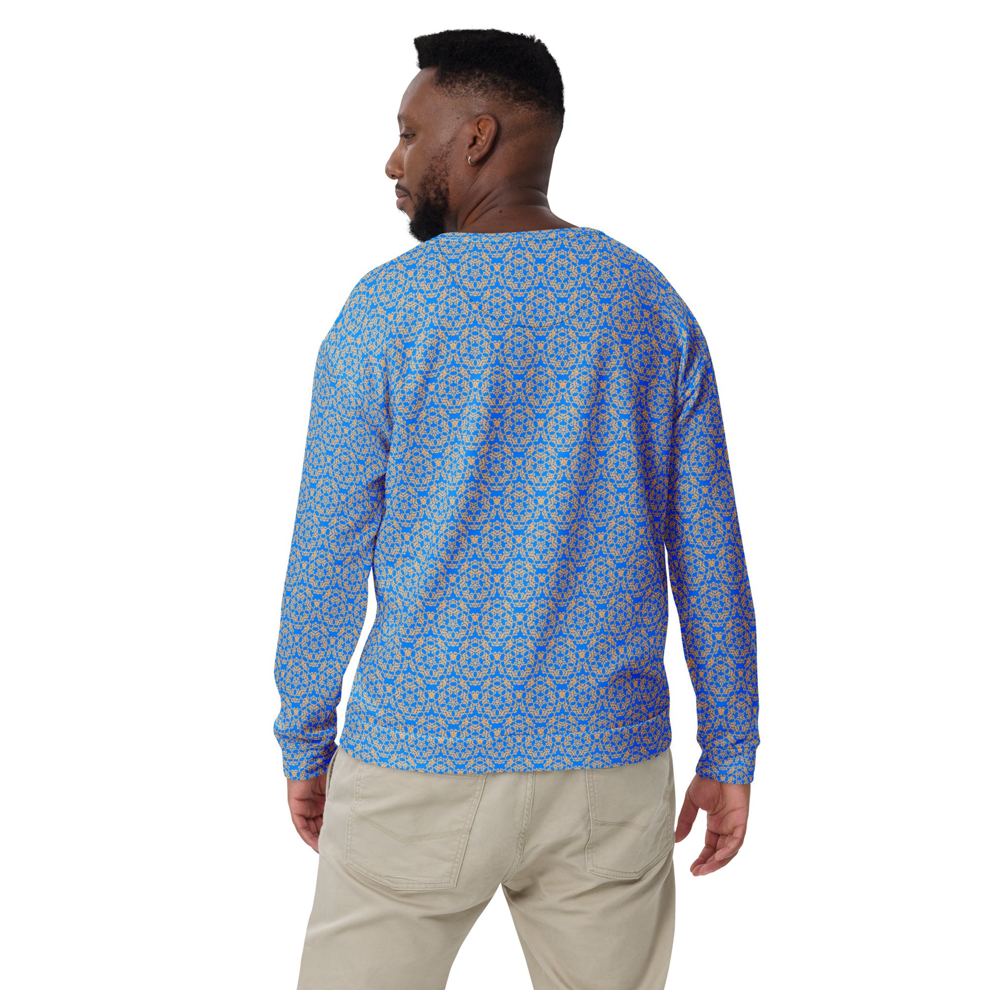 Back shot of a model wearing the unisex sweatshirt with the 'Pentagon' blue and yellow fractal geometric pattern.