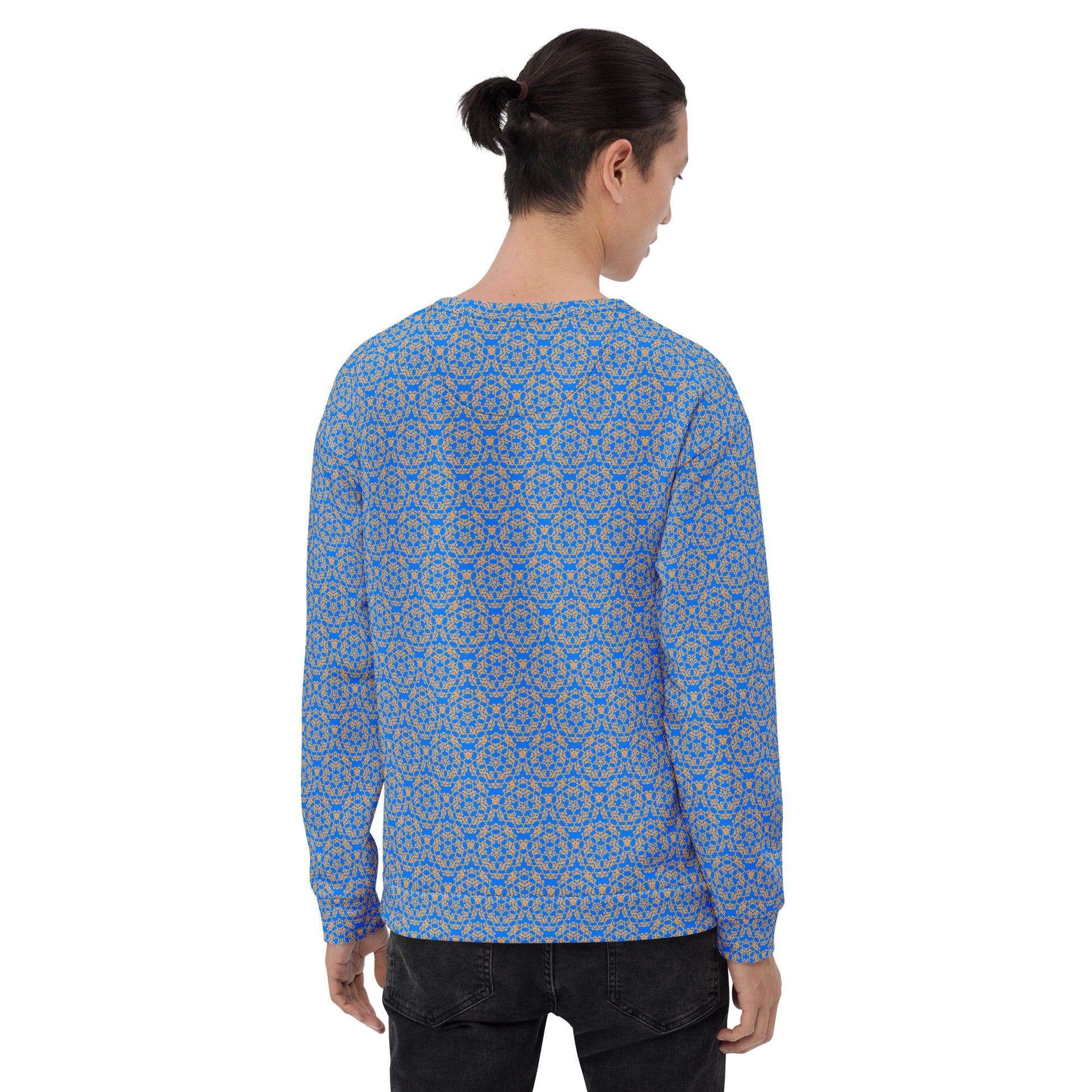 Back shot of a model wearing the unisex sweatshirt with the 'Pentagon' blue and yellow fractal geometric pattern.