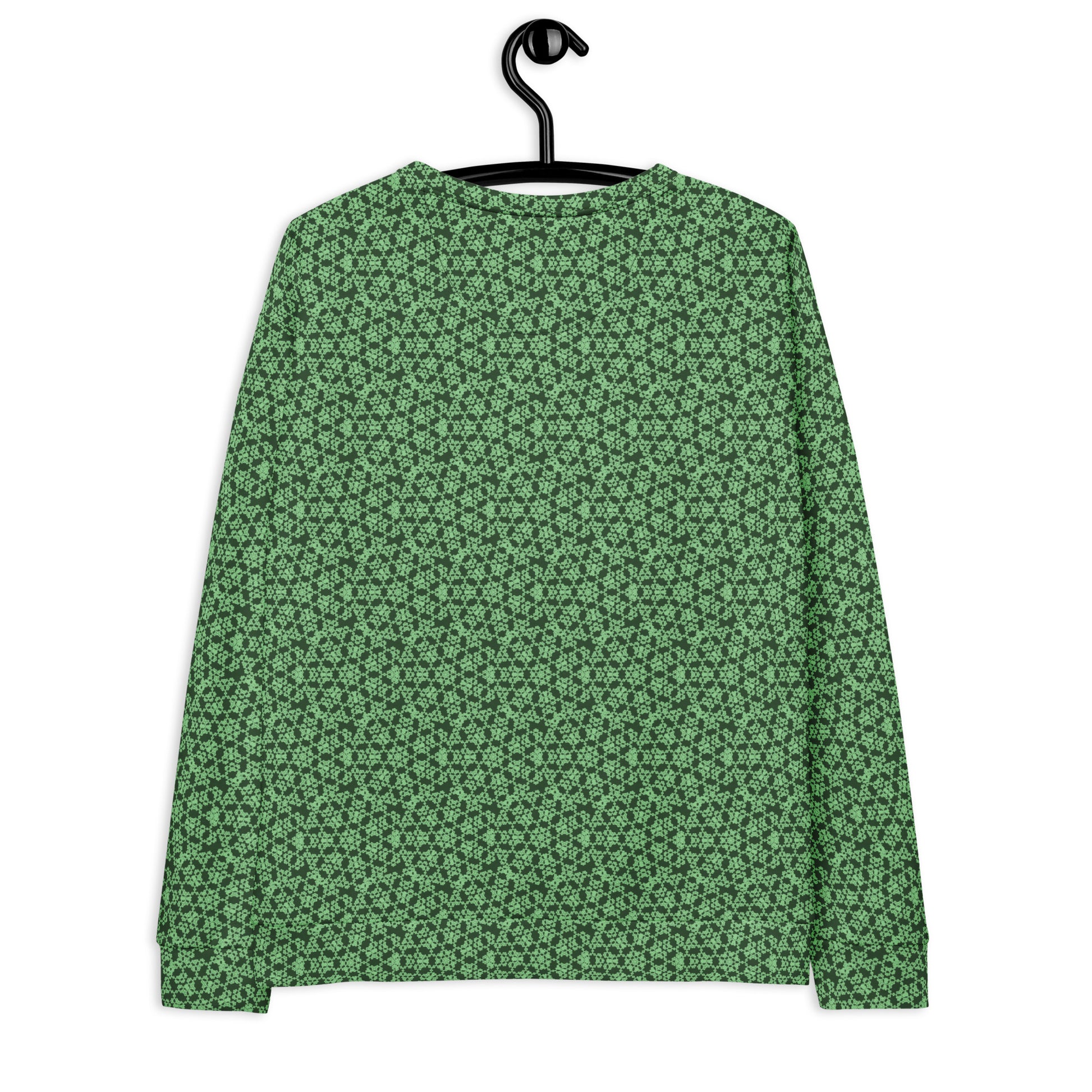 Back of the hung unisex sweatshirt with the 'Heptagon' green fractal geometric pattern.