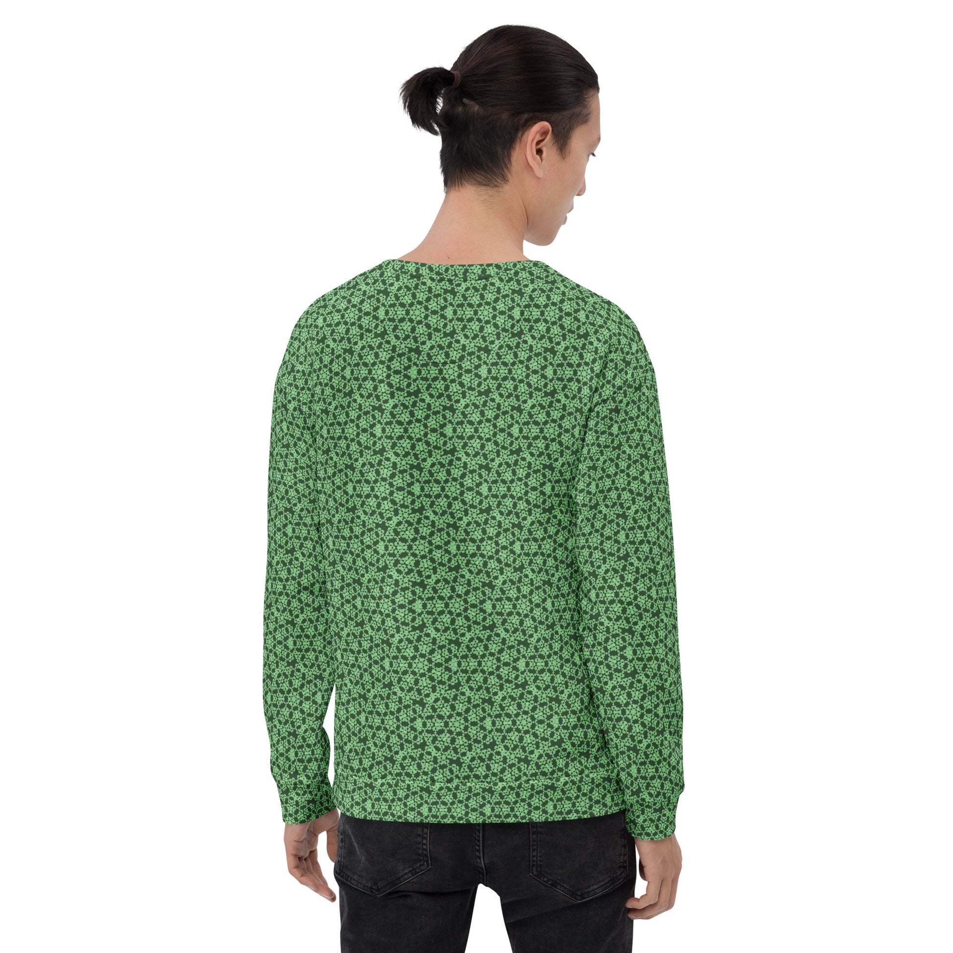 Back shot of a model wearing the unisex sweatshirt with the 'Heptagon' green fractal geometric pattern.