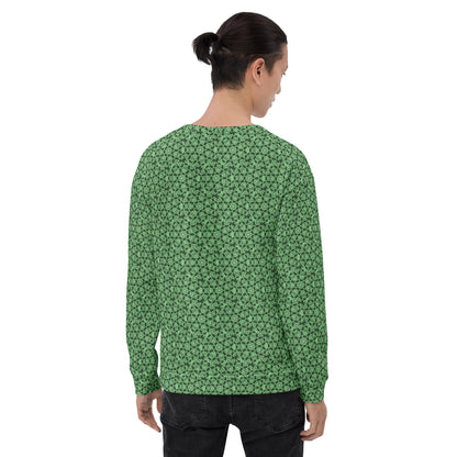 Back shot of a model wearing the unisex sweatshirt with the 'Heptagon' green fractal geometric pattern.