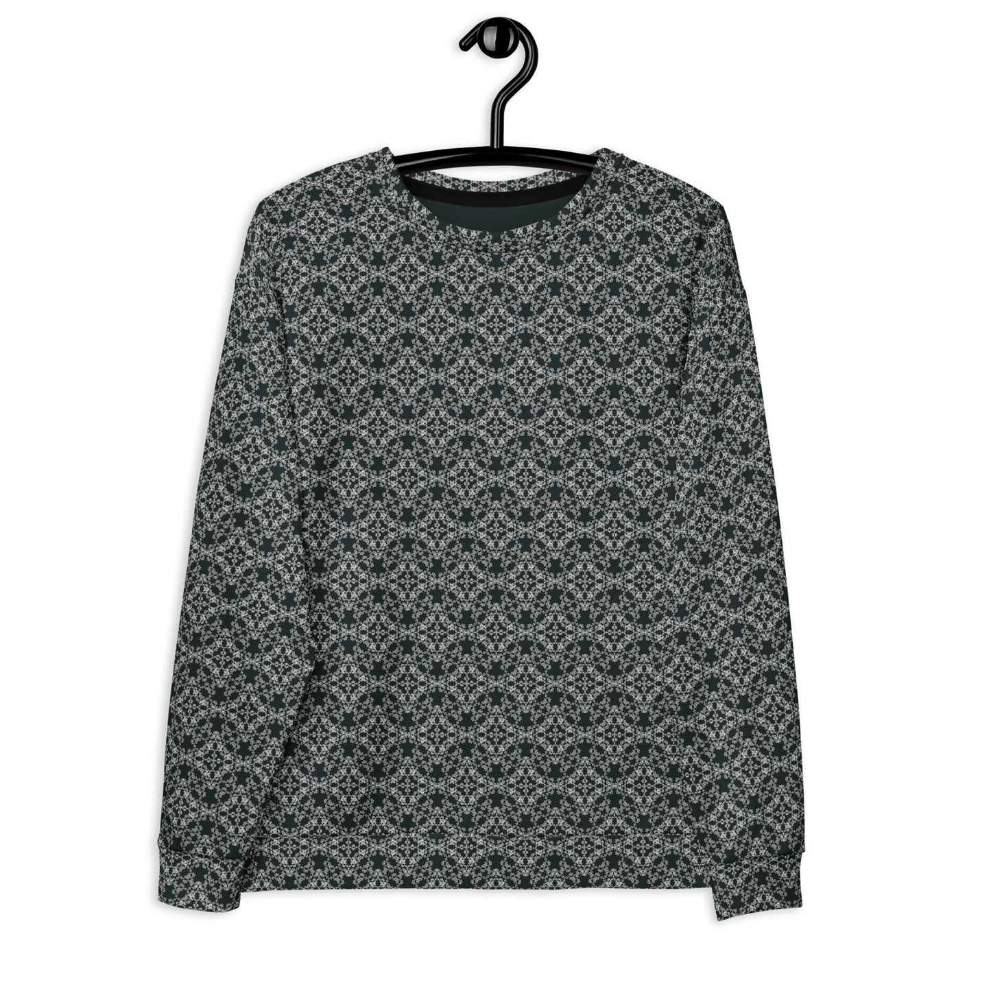 Front of the hung unisex sweatshirt with the 'Quadragon' charcoal and white fractal geometric pattern.