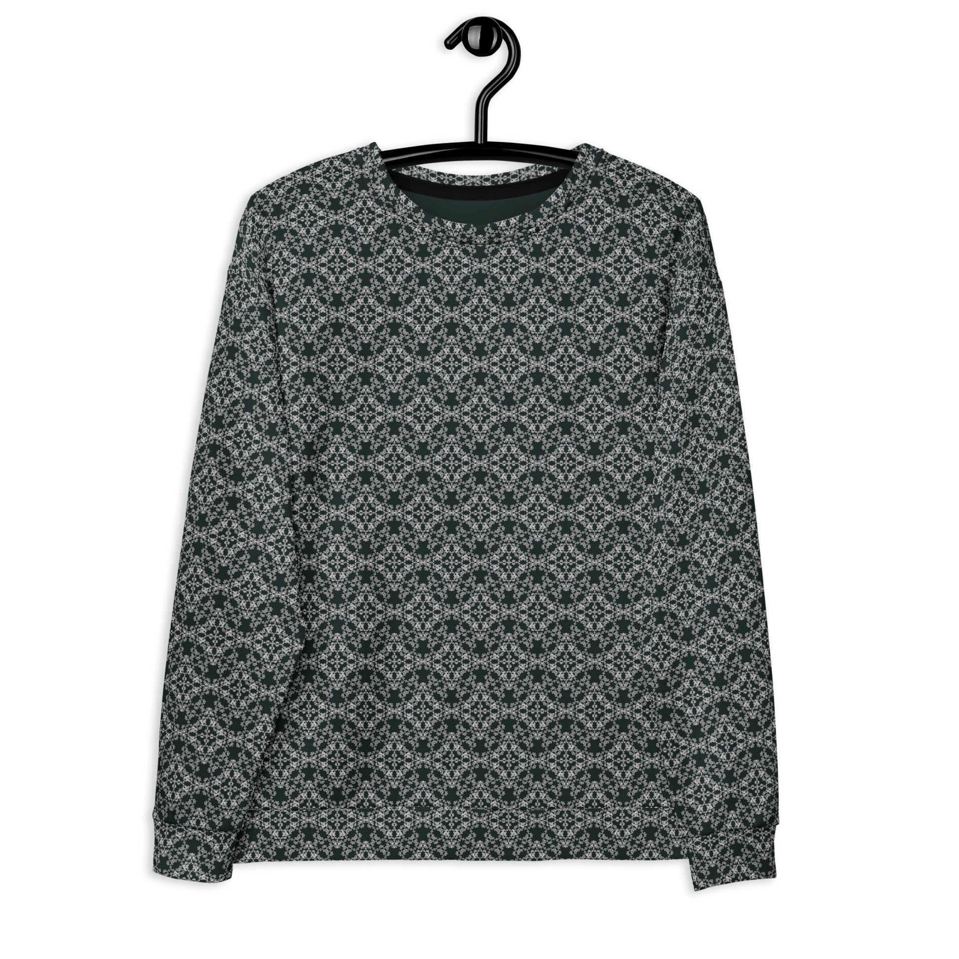 Front of the hung unisex sweatshirt with the 'Quadragon' charcoal and white fractal geometric pattern.