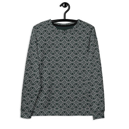 Front of the hung unisex sweatshirt with the 'Quadragon' charcoal and white fractal geometric pattern.
