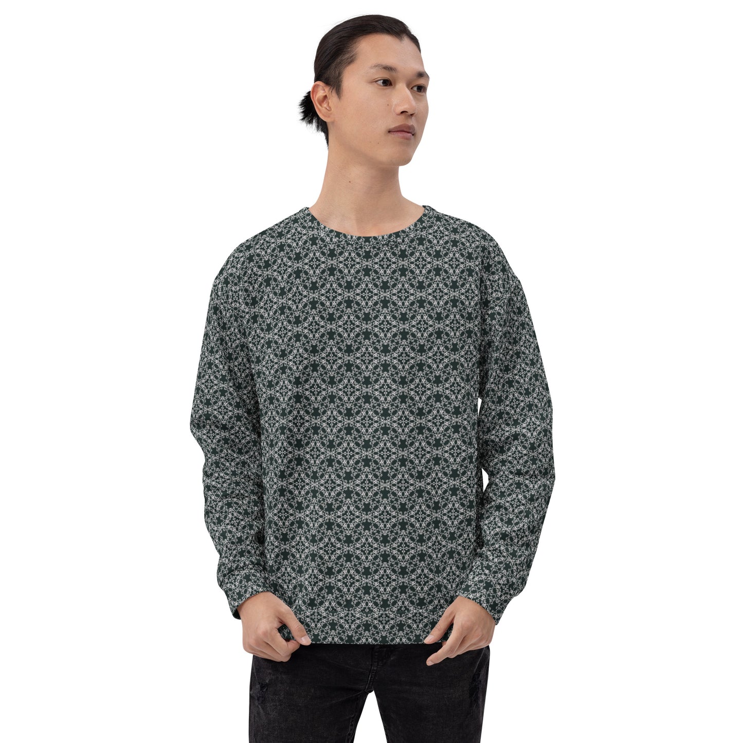 Front shot of a model wearing the unisex sweatshirt with the 'Quadragon' charcoal and white fractal geometric pattern.