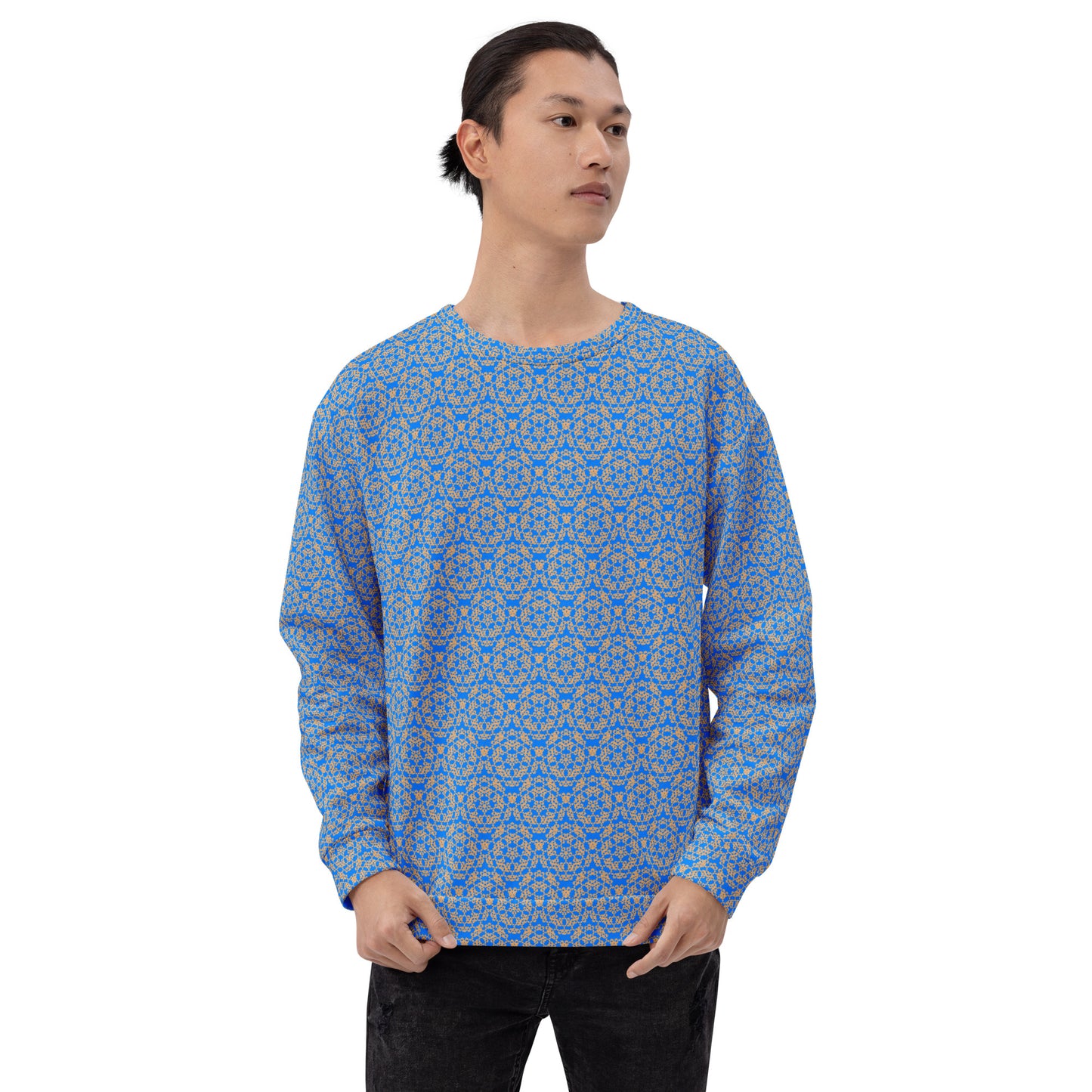 Front shot of a model wearing the unisex sweatshirt with the 'Pentagon' blue and yellow fractal geometric pattern.