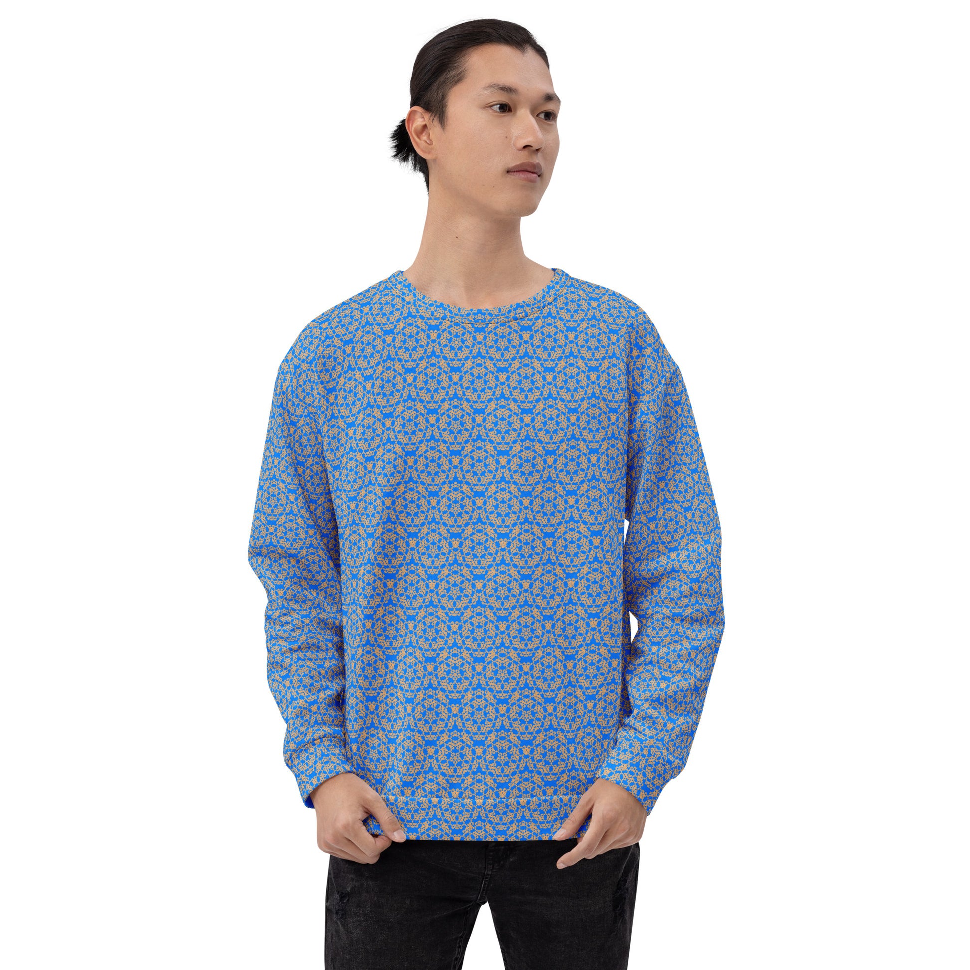 Front shot of a model wearing the unisex sweatshirt with the 'Pentagon' blue and yellow fractal geometric pattern.