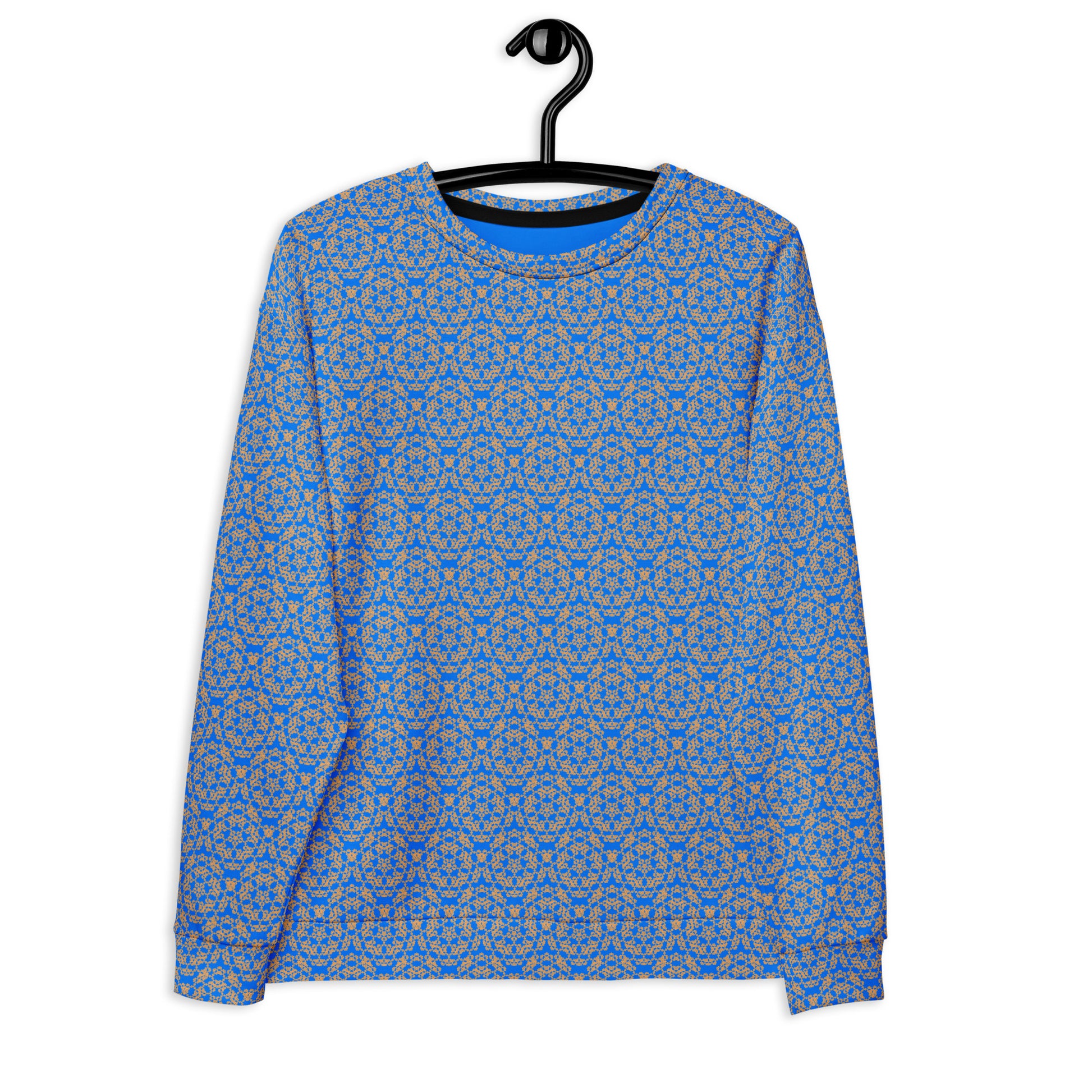 Front of the hung unisex sweatshirt with the 'Pentagon' blue and yellow fractal geometric pattern.