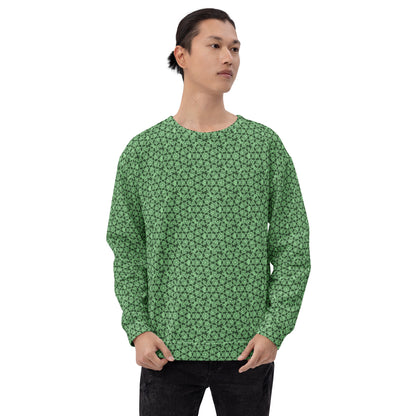 Front shot of a model wearing the unisex sweatshirt with the 'Heptagon' green fractal geometric pattern.