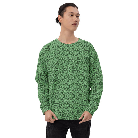 Front shot of a model wearing the unisex sweatshirt with the 'Heptagon' green fractal geometric pattern.