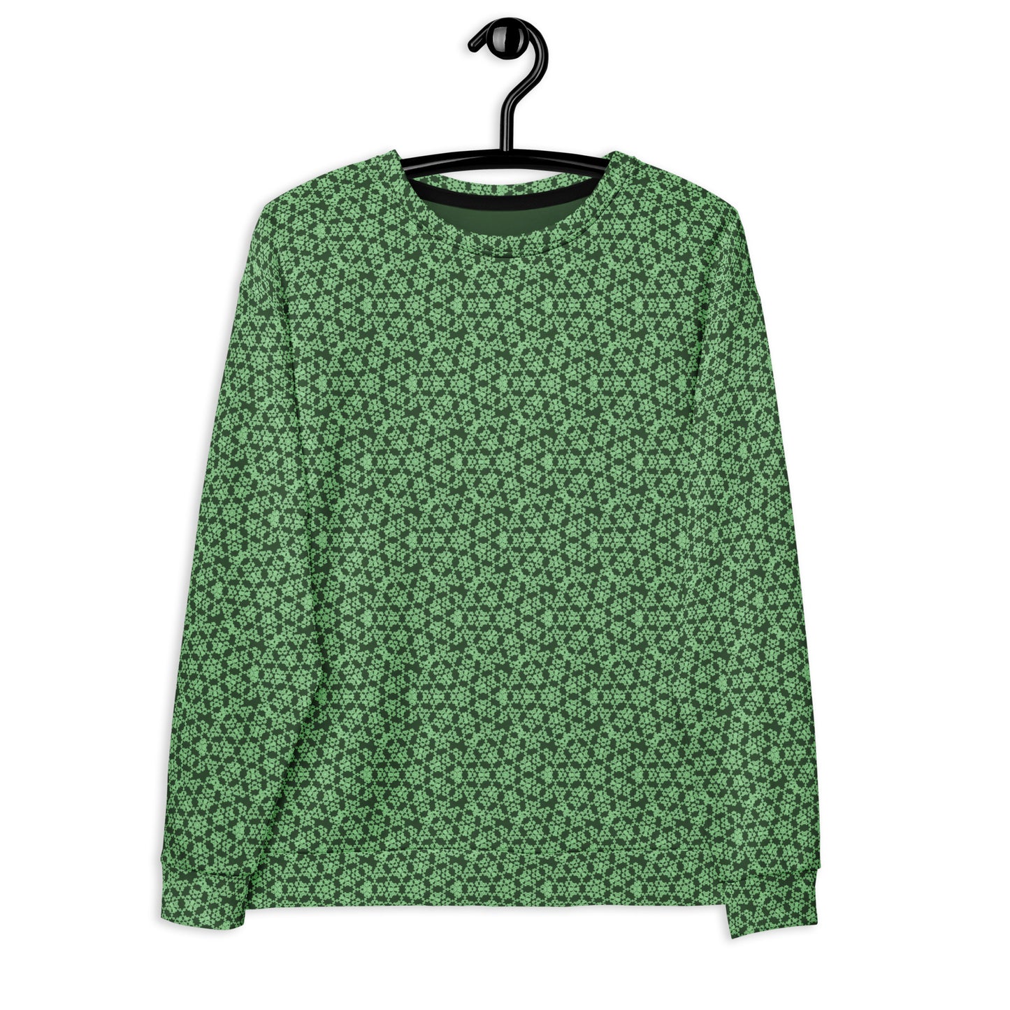 Front of the hung unisex sweatshirt with the 'Heptagon' green fractal geometric pattern.