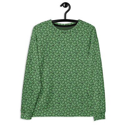 Front of the hung unisex sweatshirt with the 'Heptagon' green fractal geometric pattern.