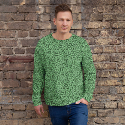 Young man wearing the unisex sweatshirt with the 'Heptagon' green fractal geometric pattern.