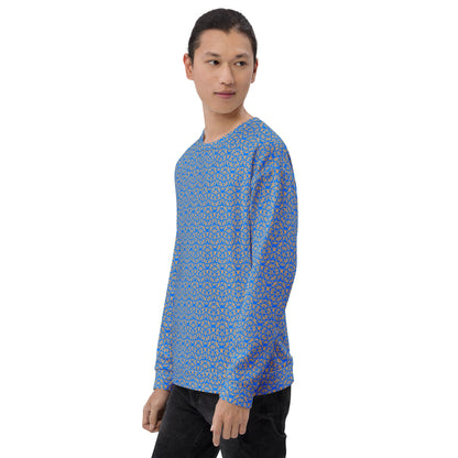 Left angle shot of a model wearing the unisex sweatshirt with the 'Pentagon' blue and yellow fractal geometric pattern.