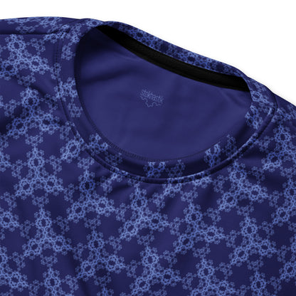 Inside label of the unisex sweatshirt with the 'Triagon' navy and blue fractal geometric pattern.