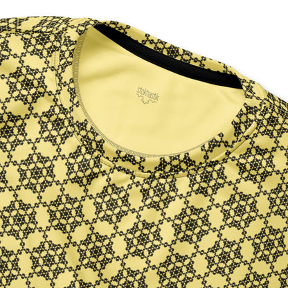 Inside label of the unisex sweatshirt with the 'Hexagon' yellow and black fractal geometric pattern.