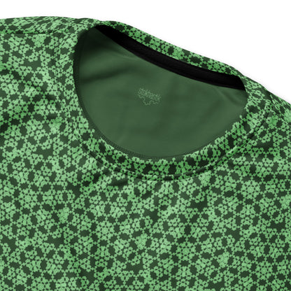 Inside label of the unisex sweatshirt with the 'Heptagon' green fractal geometric pattern.