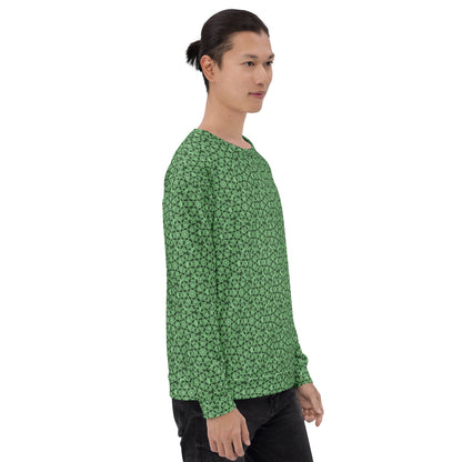Right angle shot of a model wearing the unisex sweatshirt with the 'Heptagon' green fractal geometric pattern.
