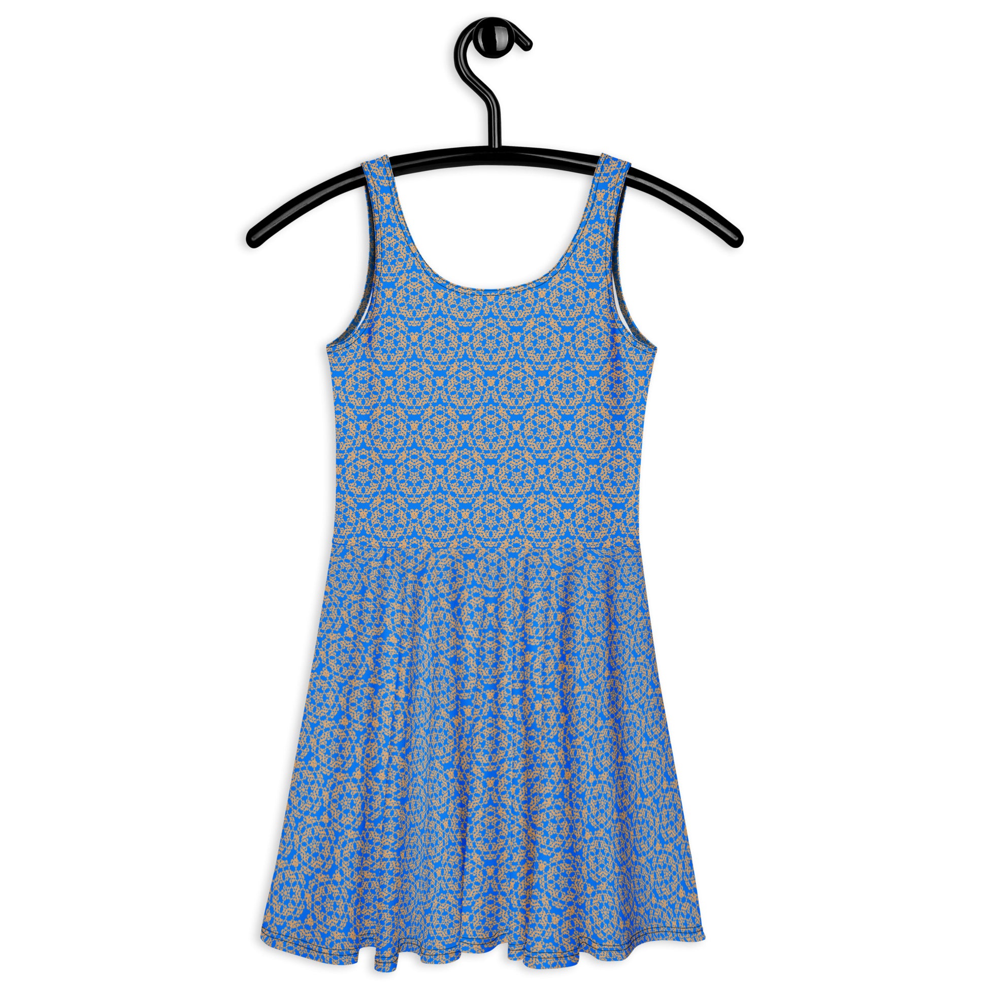 Back of the hung skater dress with the 'Pentagon' blue and yellow fractal geometric pattern.