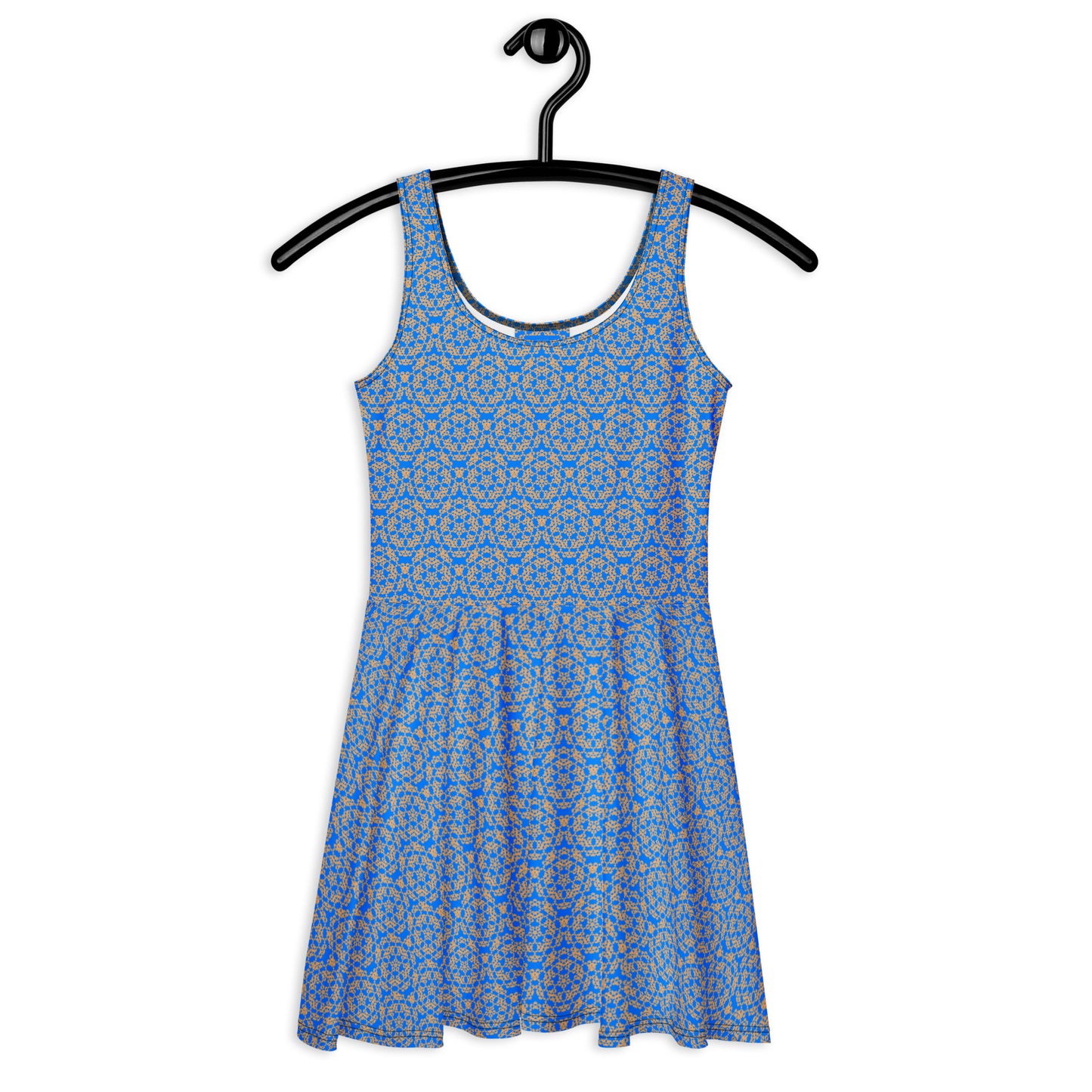 Front of the hung skater dress with the 'Pentagon' blue and yellow fractal geometric pattern.