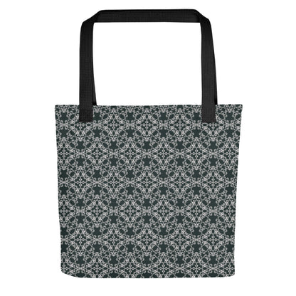 Flat shot of the tote bag with the 'Quadragon' charcoal and white fractal geometric pattern.