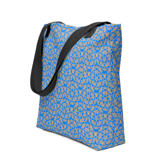 Angle shot of the tote bag with the 'Pentagon' blue and yellow fractal geometric pattern.