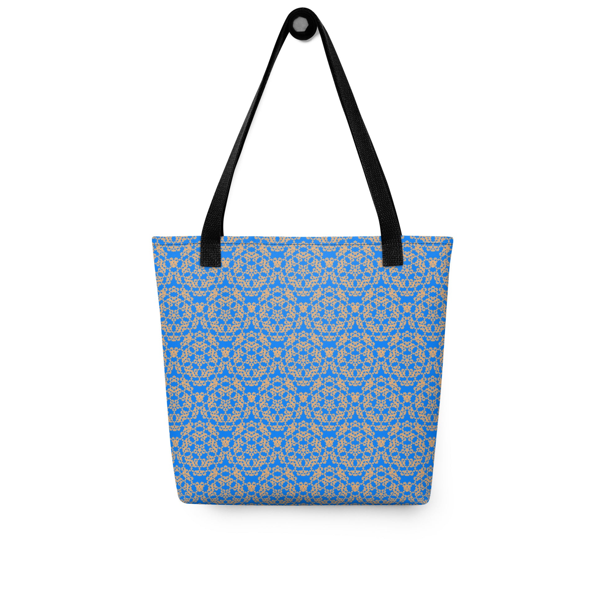Hung tote bag with the 'Pentagon' blue and yellow fractal geometric pattern.