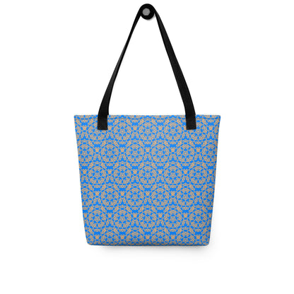 Hung tote bag with the 'Pentagon' blue and yellow fractal geometric pattern.