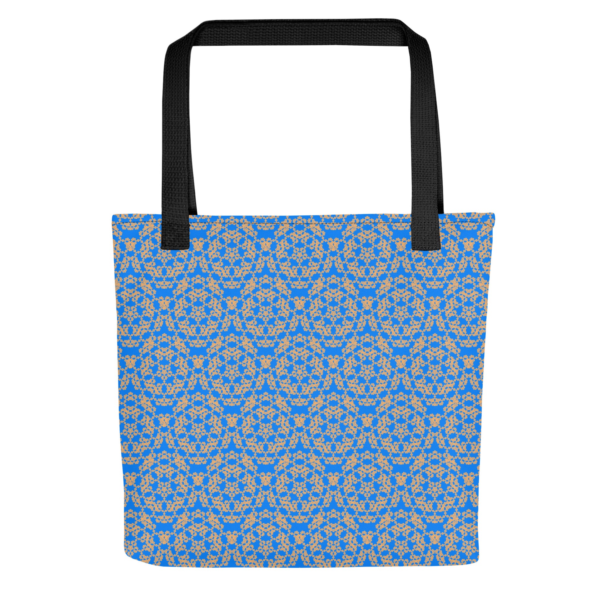 Flat shot of the tote bag with the 'Pentagon' blue and yellow fractal geometric pattern.