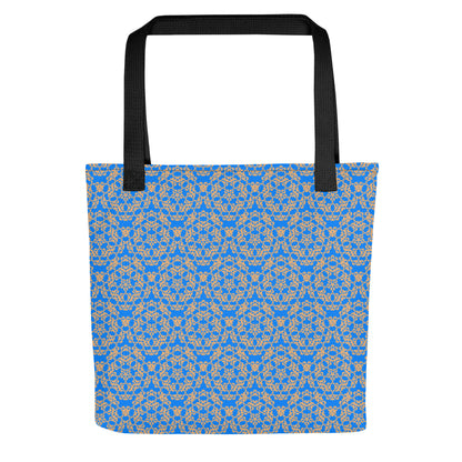 Flat shot of the tote bag with the 'Pentagon' blue and yellow fractal geometric pattern.
