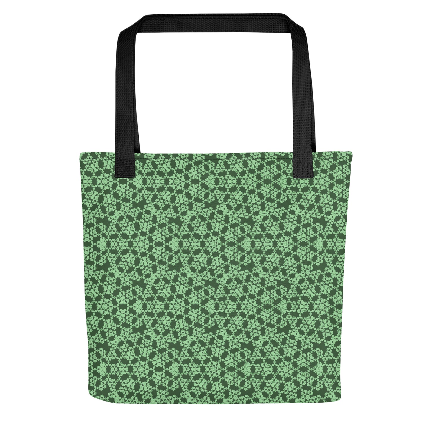 Flat shot of the tote bag with the 'Heptagon' green fractal geometric pattern.