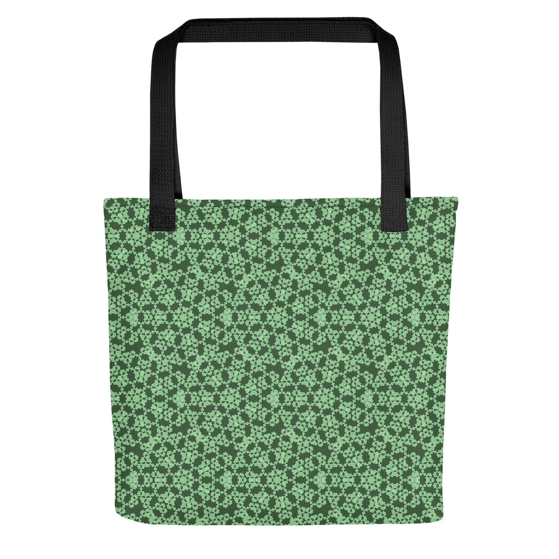 Flat shot of the tote bag with the 'Heptagon' green fractal geometric pattern.