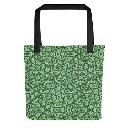 Flat shot of the tote bag with the 'Heptagon' green fractal geometric pattern.