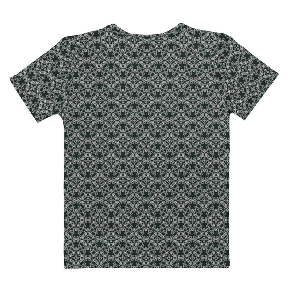 Back of the women's t-shirt with the 'Quadragon' charcoal and white fractal geometric pattern.