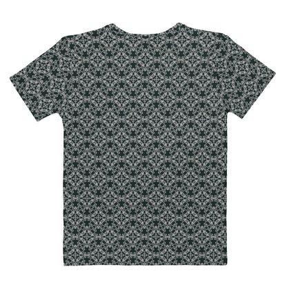 Back of the women's t-shirt with the 'Quadragon' charcoal and white fractal geometric pattern.