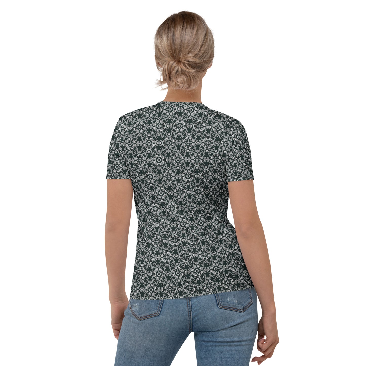 Back shot of a young woman wearing women's t-shirt with the 'Quadragon' charcoal and white fractal geometric pattern.