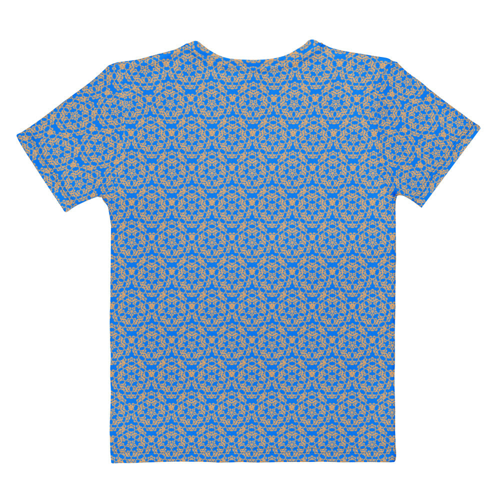 Back of the women's t-shirt with the 'Pentagon' blue and yellow fractal geometric pattern.