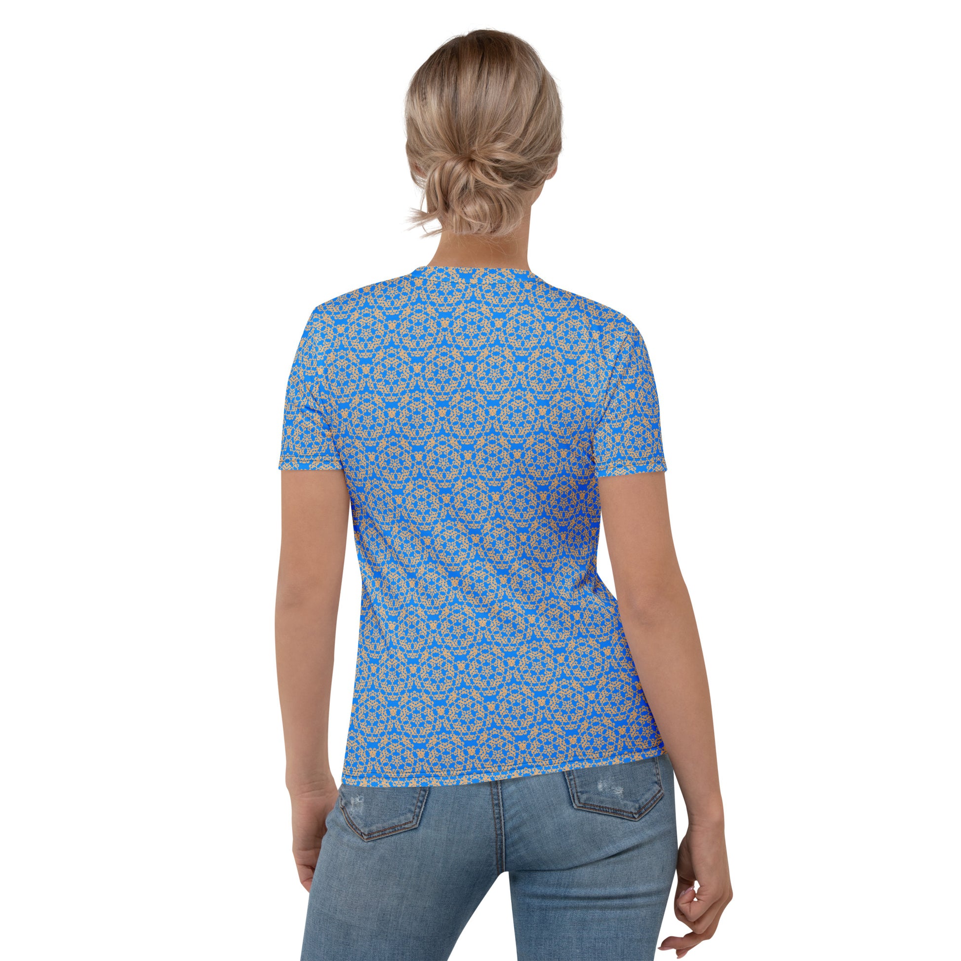 Back shot of a young woman wearing women's t-shirt with the 'Pentagon' blue and yellow fractal geometric pattern.