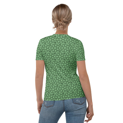 Back shot of a young woman wearing women's t-shirt with the 'Heptagon' green fractal geometric pattern.