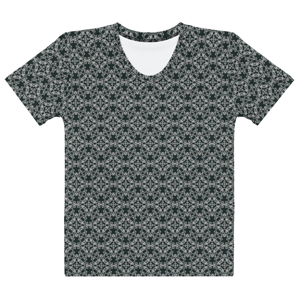 Front of the women's t-shirt with the 'Quadragon' charcoal and white fractal geometric pattern.
