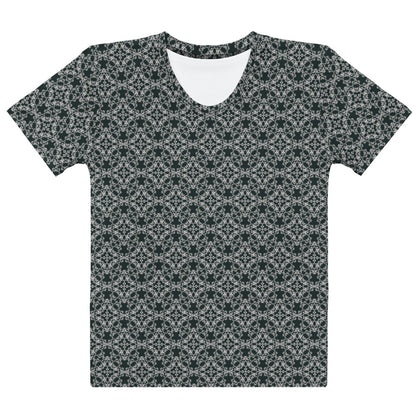 Front of the women's t-shirt with the 'Quadragon' charcoal and white fractal geometric pattern.
