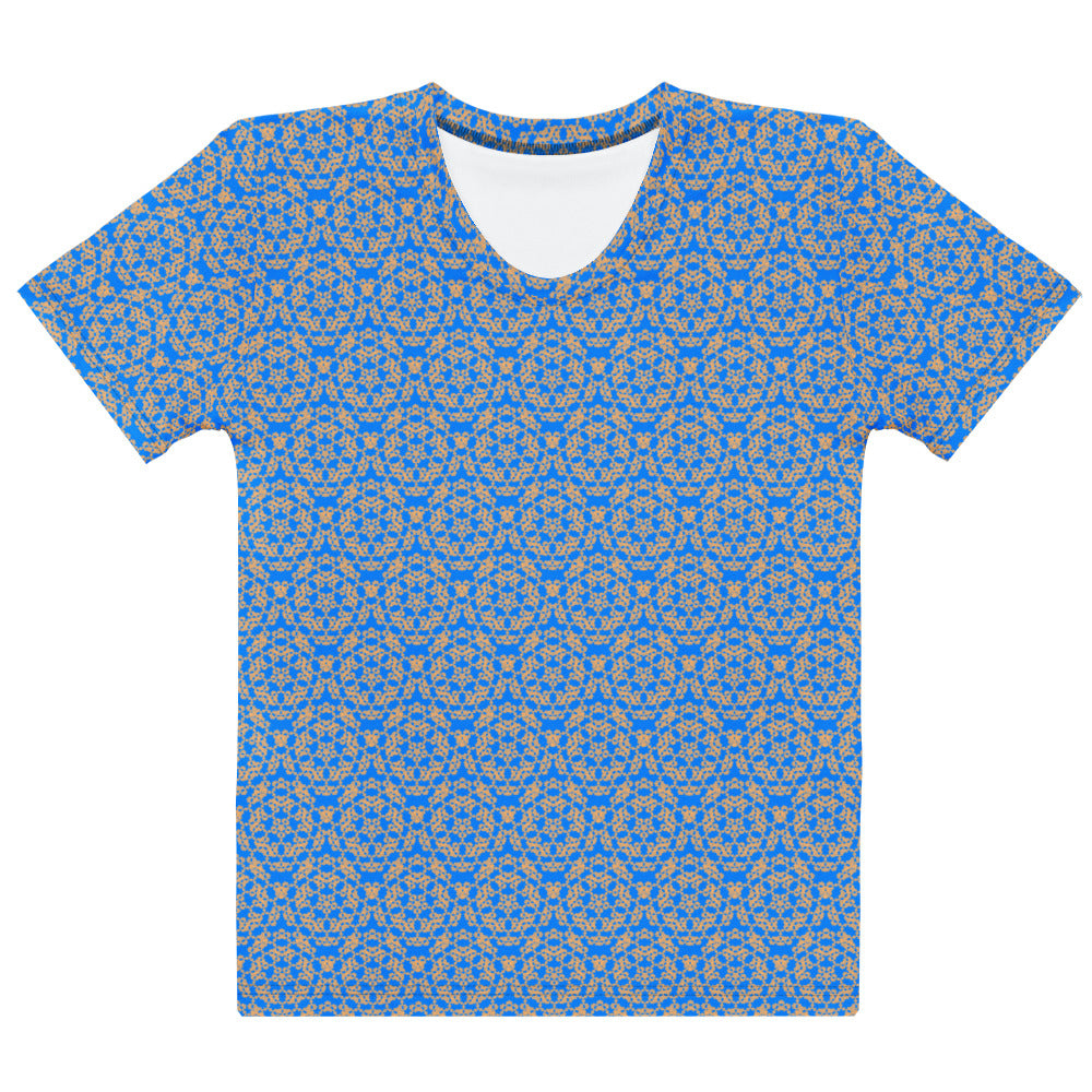 Front of the women's t-shirt with the 'Pentagon' blue and yellow fractal geometric pattern.