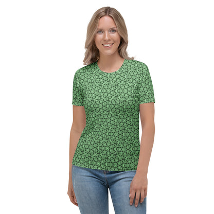 Front shot of a young woman wearing women's t-shirt with the 'Heptagon' green fractal geometric pattern.